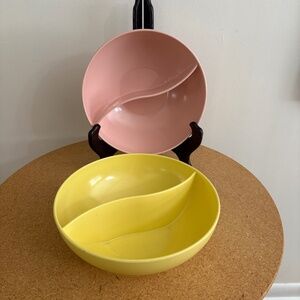 Pair of Vintage Mid-Century Marcrest Melmac Divided Bowls - Yellow & Pink